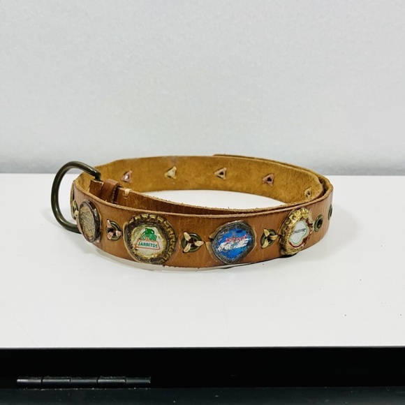 Vintage Y2K Large Bonded Leather Belt Bottle Cap Pop Kidcore Kitsch Punk - Picture 1 of 5